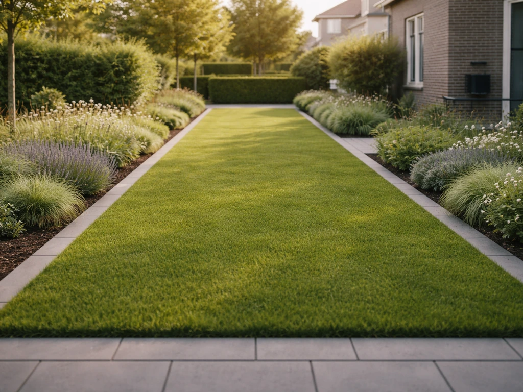 Groene grasstrook in een nette voortuin met strakke randen en lage beplanting langs het pad.