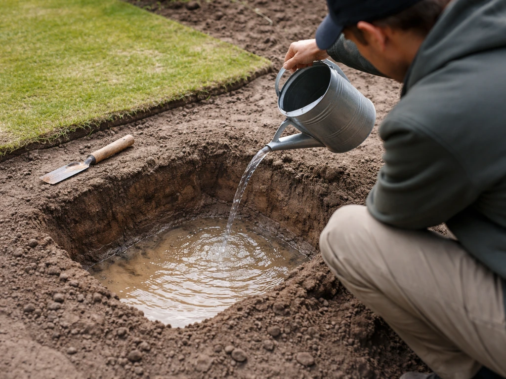 Iemand maakt een kleine testkuil voor afwatering en giet water om de afloop te beoordelen