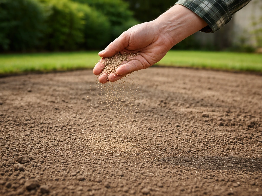 Fijn verdeeld graszaad dat wordt gestrooid over geharkt en aangedrukt grond in een voortuin.
