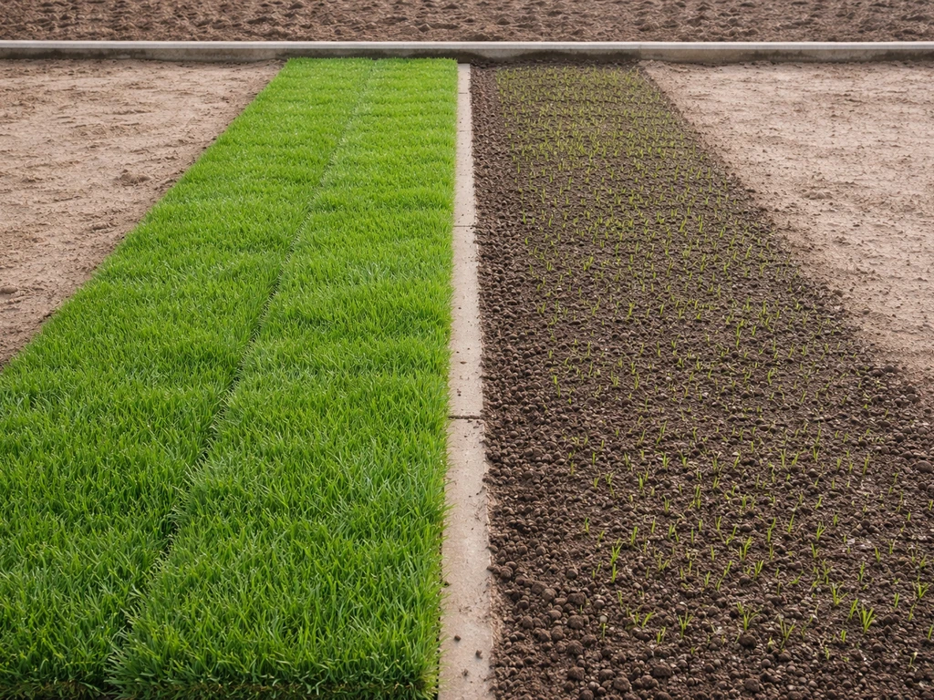 Linker helft rol graszoden tegen een vlakke ondergrond, rechter helft ingezaaide strook met gelijkmatige grassprieten.