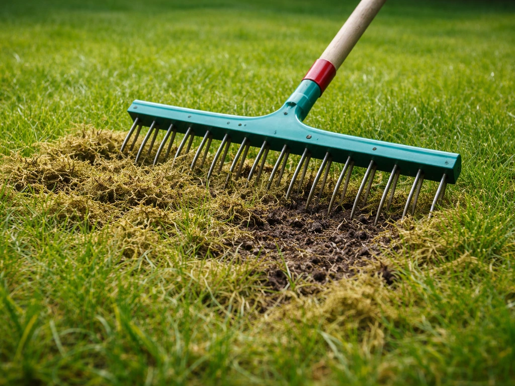 Een verticuteerhark op een gazon met zichtbare viltresten en opengehaalde grond na het verticuteren.