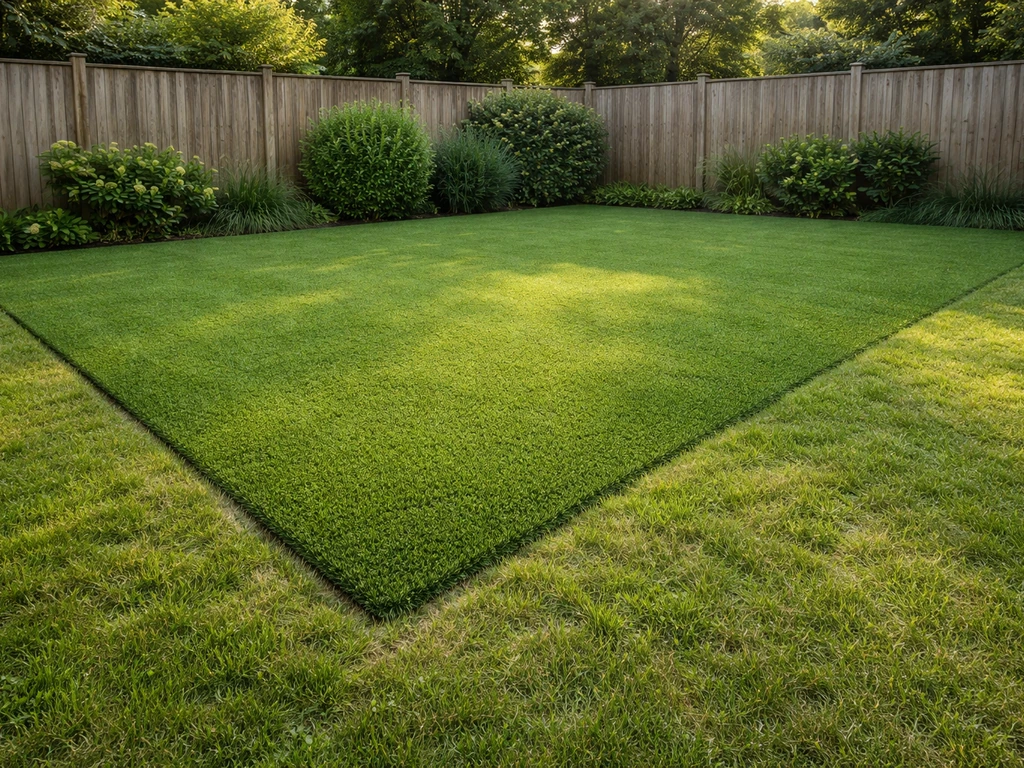 Breed zicht op een Nederlandse achtertuin waar kunstgras met echt gras naadloos in elkaar overloopt.