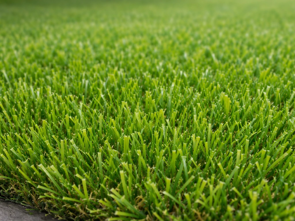 Close-up van kunstgras met frisgroene en donkerdere tinten die een realistisch grasachtig effect geven.
