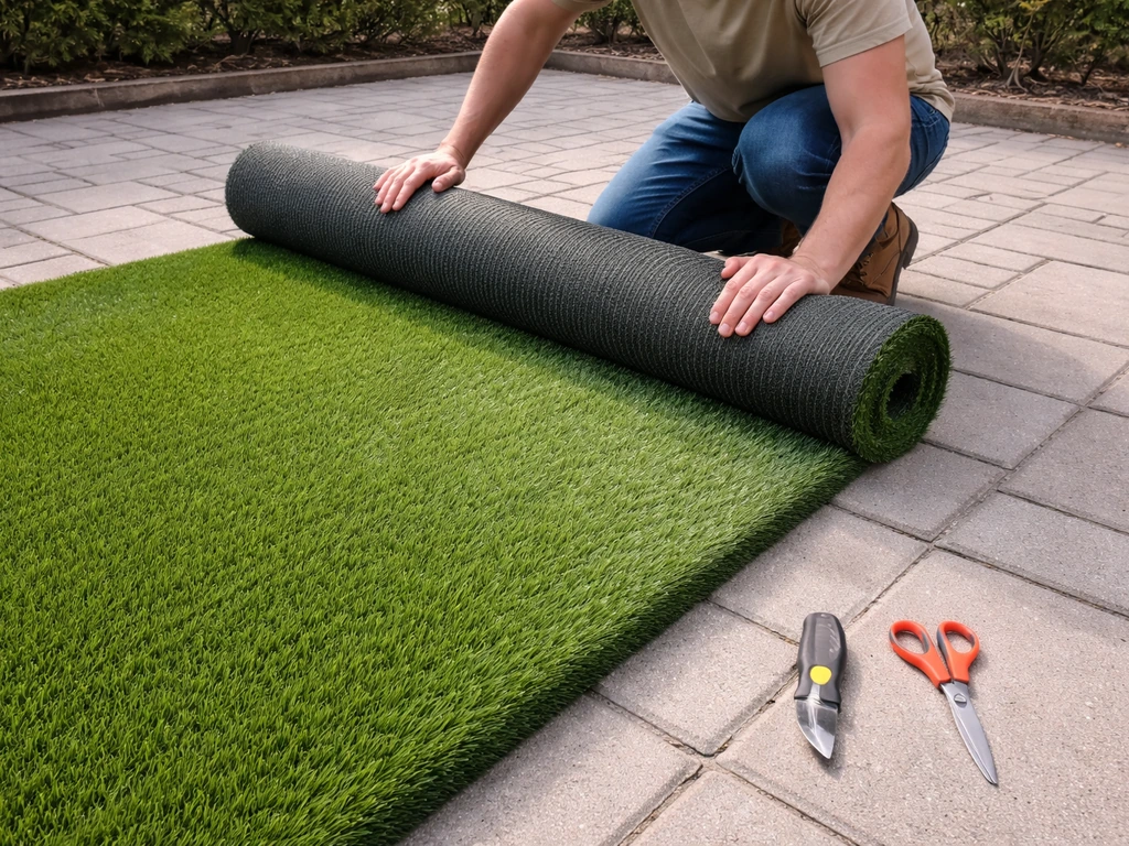 Handen rollen kunstgras uit op een terras, met duidelijke vezelrichting in het zicht.