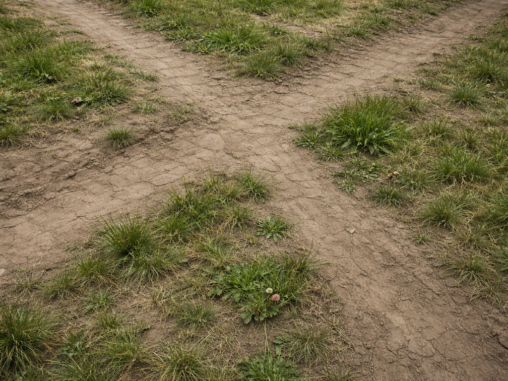 Bovenaanzicht van een festivalterrein met gras en onkruid tussen verdichte, kale plekken waar veel wordt gelopen.