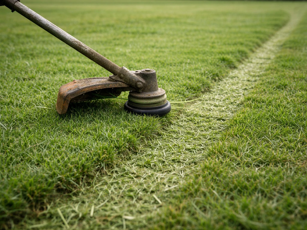 Close-up van het maaien: gras op 2–3 cm, met maaisel op de grond en een duidelijke werklijn.