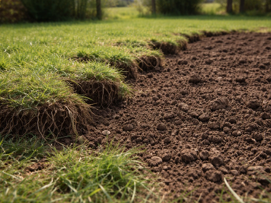 Werkstrook in een graszode met omgewerkte bodem: graswortels omhoog en vers aangebrachte grondlaag.
