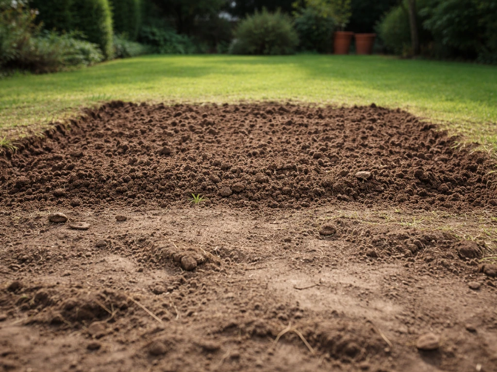 Tuinmanipulatie van kale gazonplek: beluchte grond met luchtige kluiten, waterpas zichtbaar herstel in hetzelfde grasvel