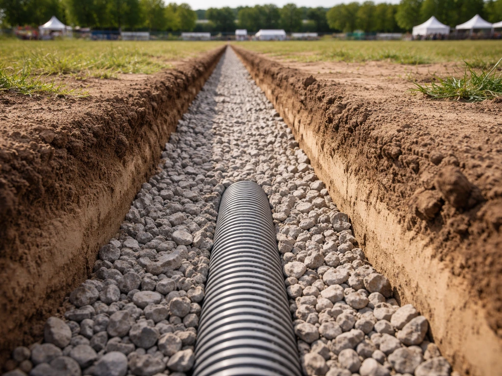 Drainagebuis en greppel op een festivalterrein, met zichtbare grondopbouw voor afwatering en preventie