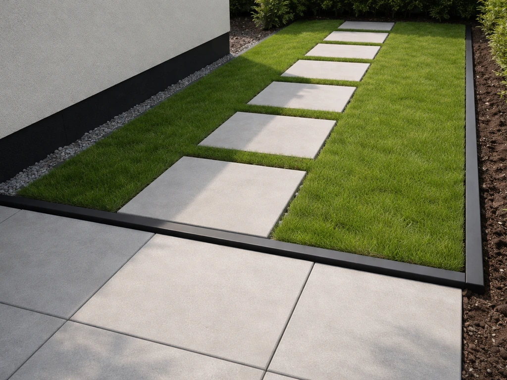 Kleine tuin met strakke randen, gras naast tegels en een simpele looproute van betontegels