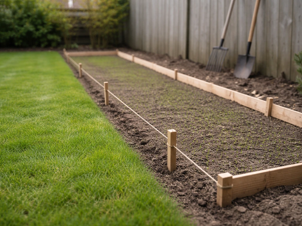 Grasmat naast ingezaaide strook in een kleine tuin, met afgebakende vakken en tuingereedschap op de achtergrond