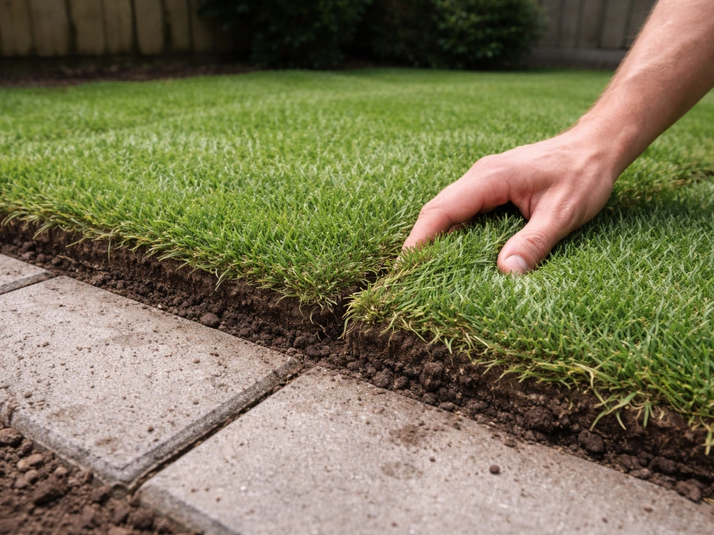Graszoden worden strak naast elkaar gelegd in een hoek, met afwerking langs de tegelrand.