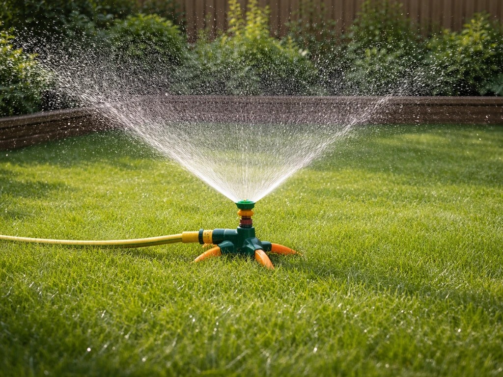 Sproeier besproeit gelijkmatig een groen gazon in een kleine tuin met waterdruppels in de lucht.