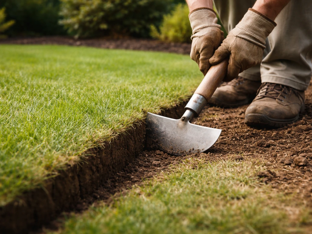 Handen en kantensnijder langs de rand van het gazon, uitgegraven berm klaar voor nieuw gras.