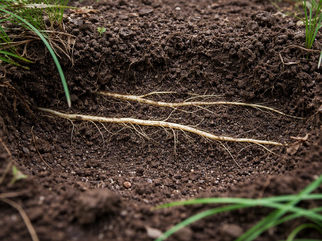 Kweekgras worteluitlopers zichtbaar in tuinbodem, lange witgele uitlopers als spaghetti in de aarde.