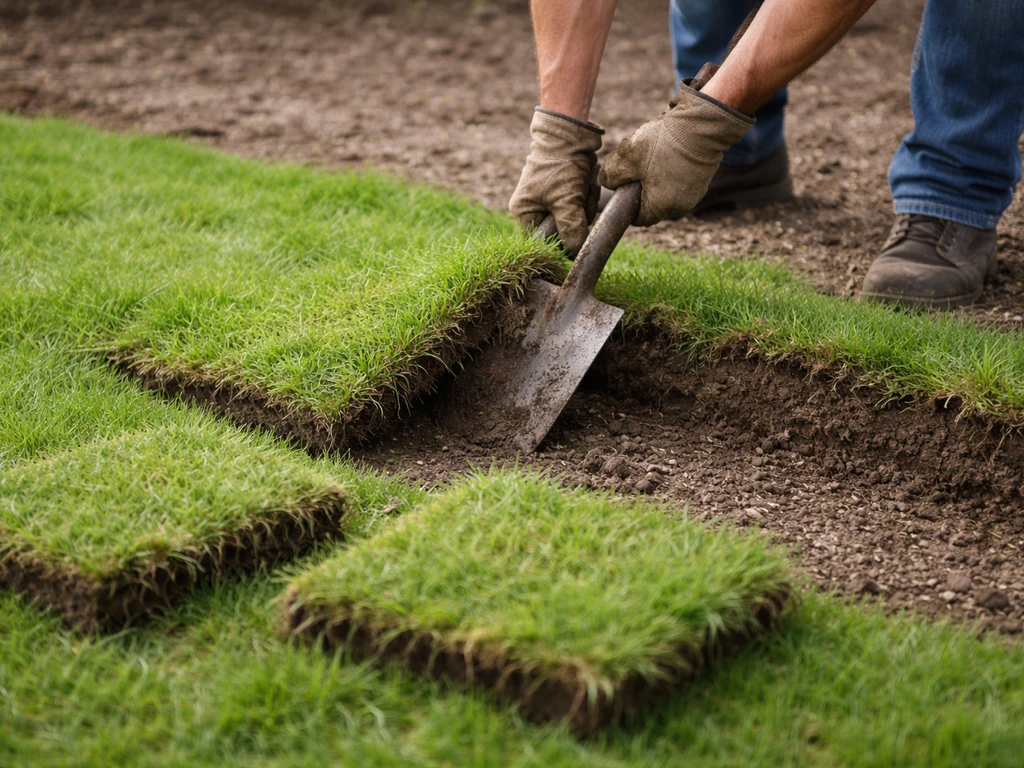 Tuinman die een graszode afsteekt met een spade op een Nederlands gazon, zoden liggen los