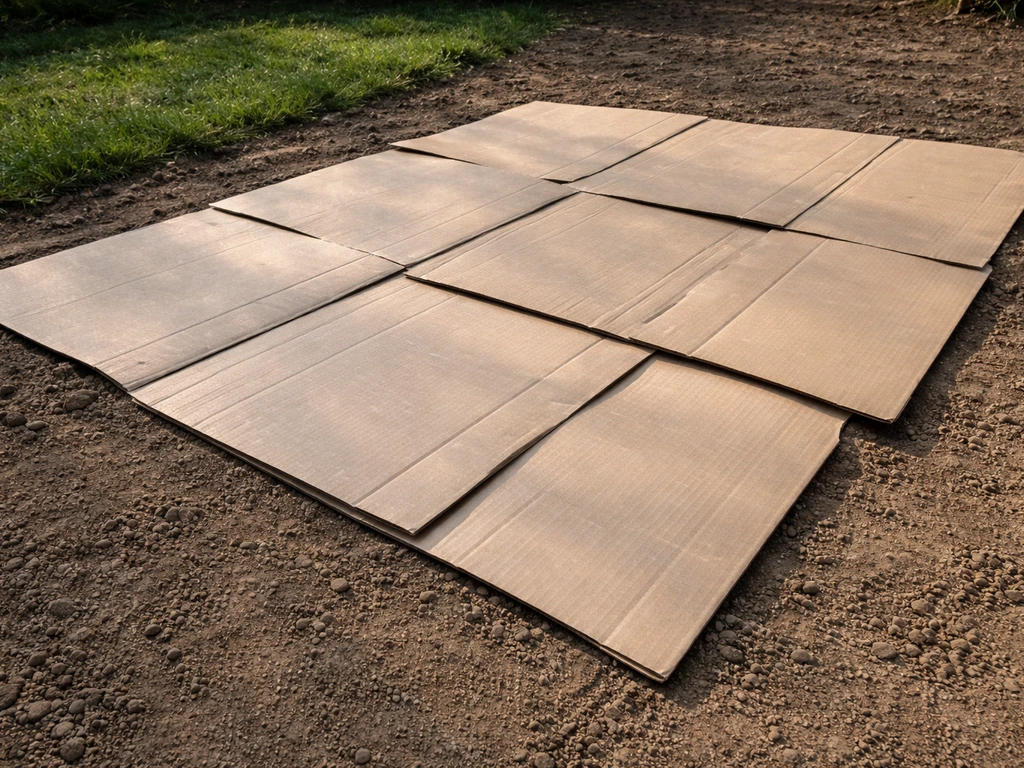 Kartonplaten met overlappende naden op een verwijderde grasplek in een tuin