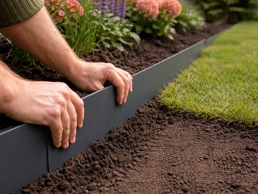 Tuinier plaatst een strakke kunststof borderrand langs een border, met zichtbare grondbekleeding