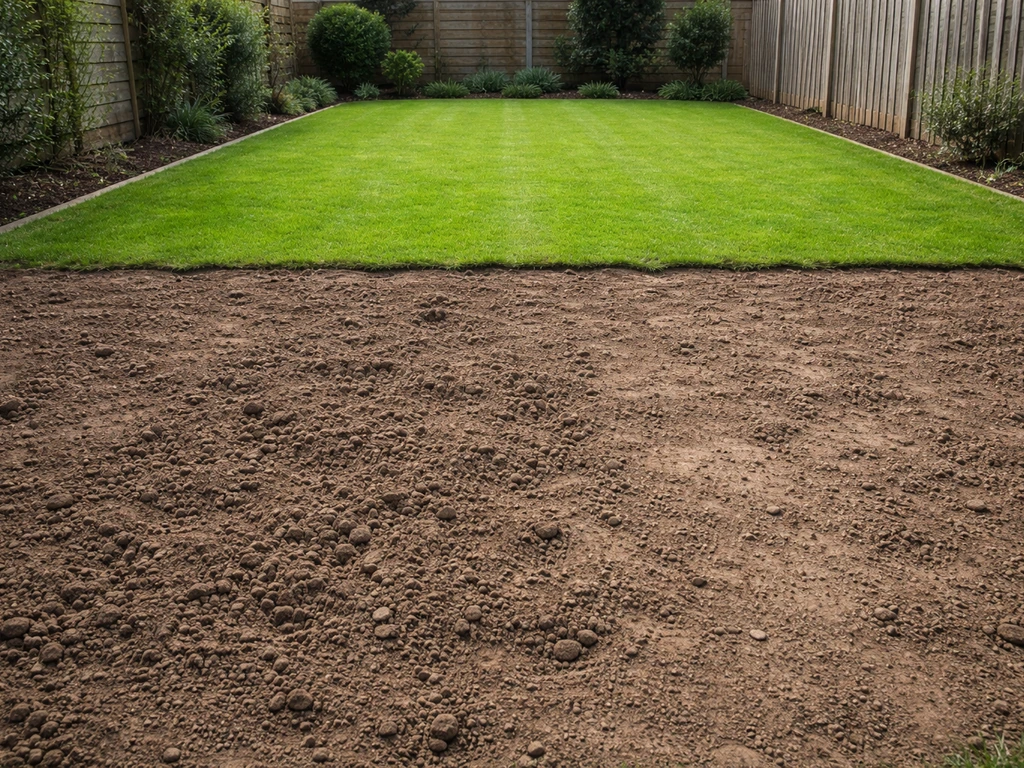 Tuin met een netjes afgegraven strook oude grasmat en daarachter vers aangelegd nieuw gras, eenvoudige situatie.