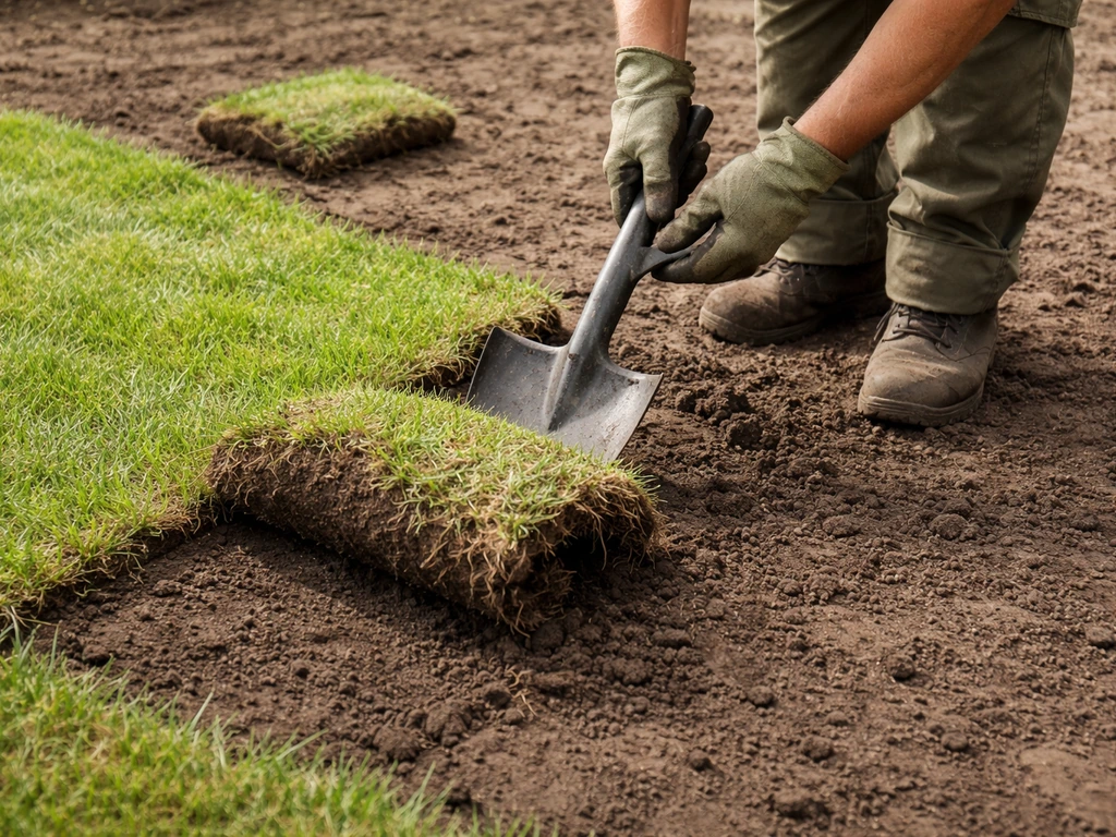 Tuinwerker die oude grasmatten losneemt met zicht op de blootgelegde bodemlaag