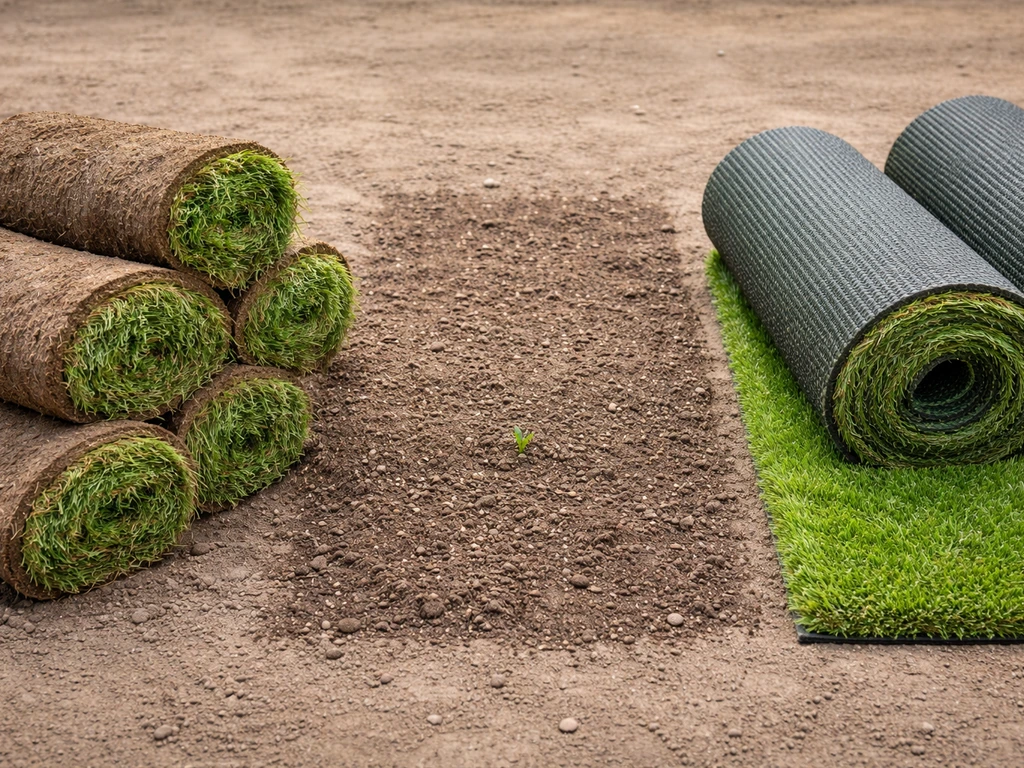 Drie grasopties naast elkaar: graszoden, ingezaaid gras en kunstgras in één minimale buitenopstelling