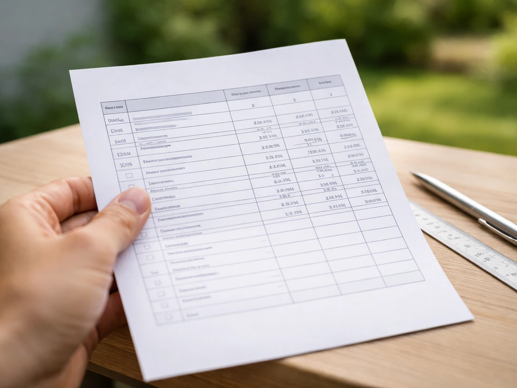 Hand die een ingevulde vergelijkingssheet met bouw- en tuinkostenposten vasthoudt op een rustige tafel