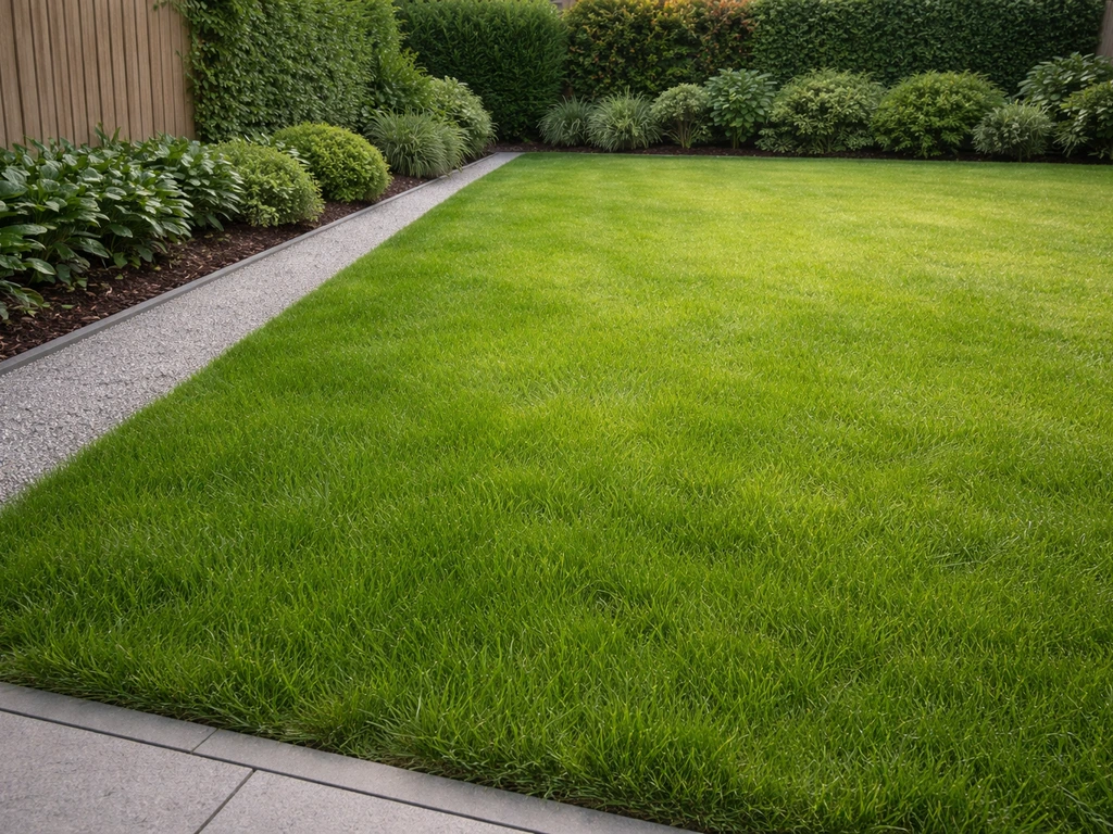 Verzorgde Nederlandse tuin met een helder groen grasveld, strakke randen en een grindpad op de achtergrond.