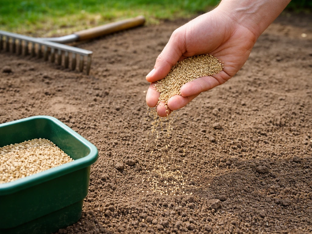 Hand strooit graszaad op voorbereide grond bij een kleine strooibak, met hark op de achtergrond