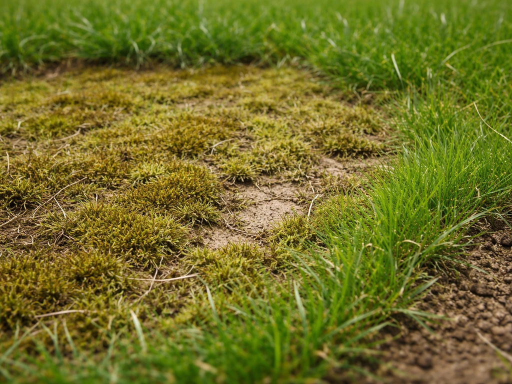 Close-up van mos tussen gras met kale plekken en een kleine herstelzone in het gazon