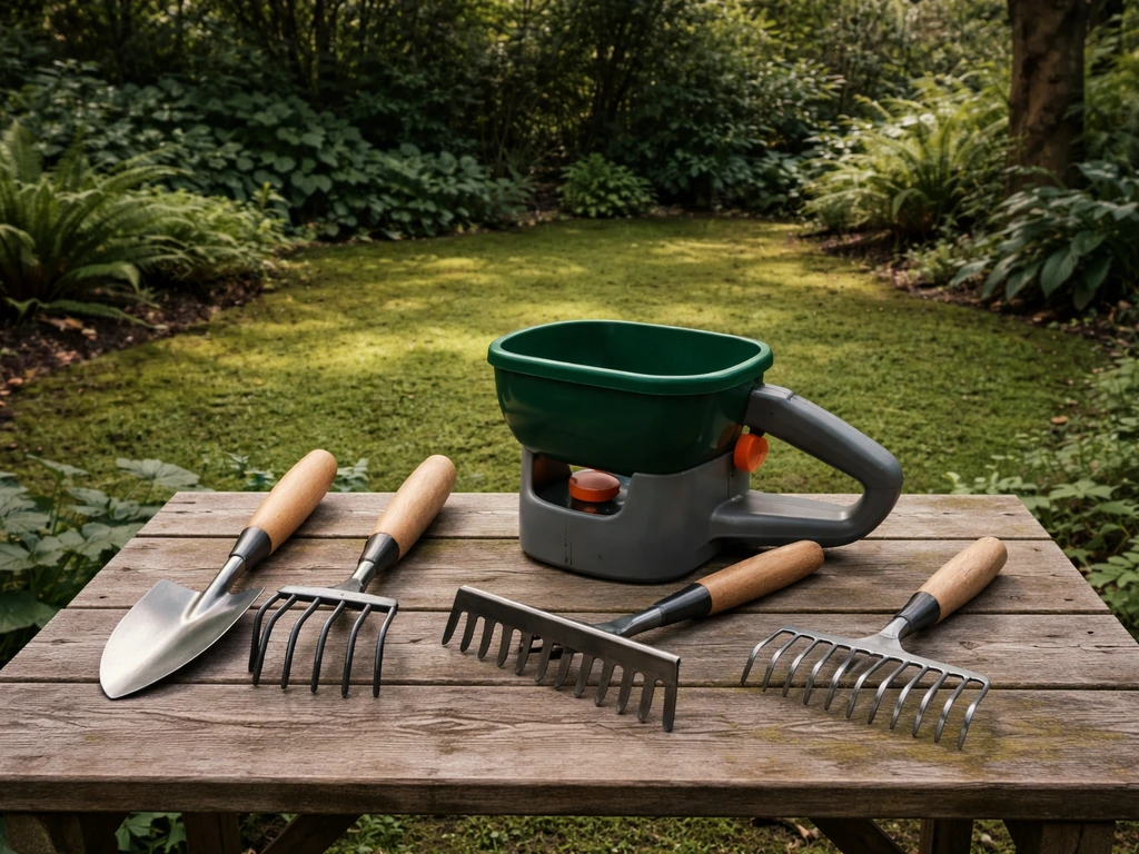 Set gazononderhoudstools op hout met schaduwgazon op de achtergrond: maaien, bemesten en beluchten.