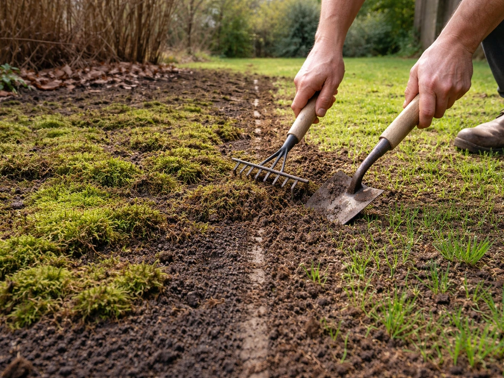 Noordtuin met links mos en verdichte grond en rechts opgeknapte, beluchte plek met fris gras/zaailingen.