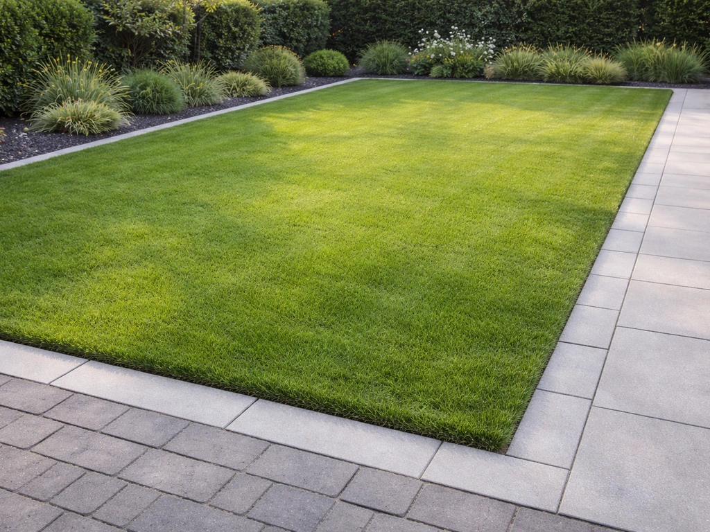 Strakke voortuin met fris groen siergazon, nette randen en jonge beplanting op de achtergrond.