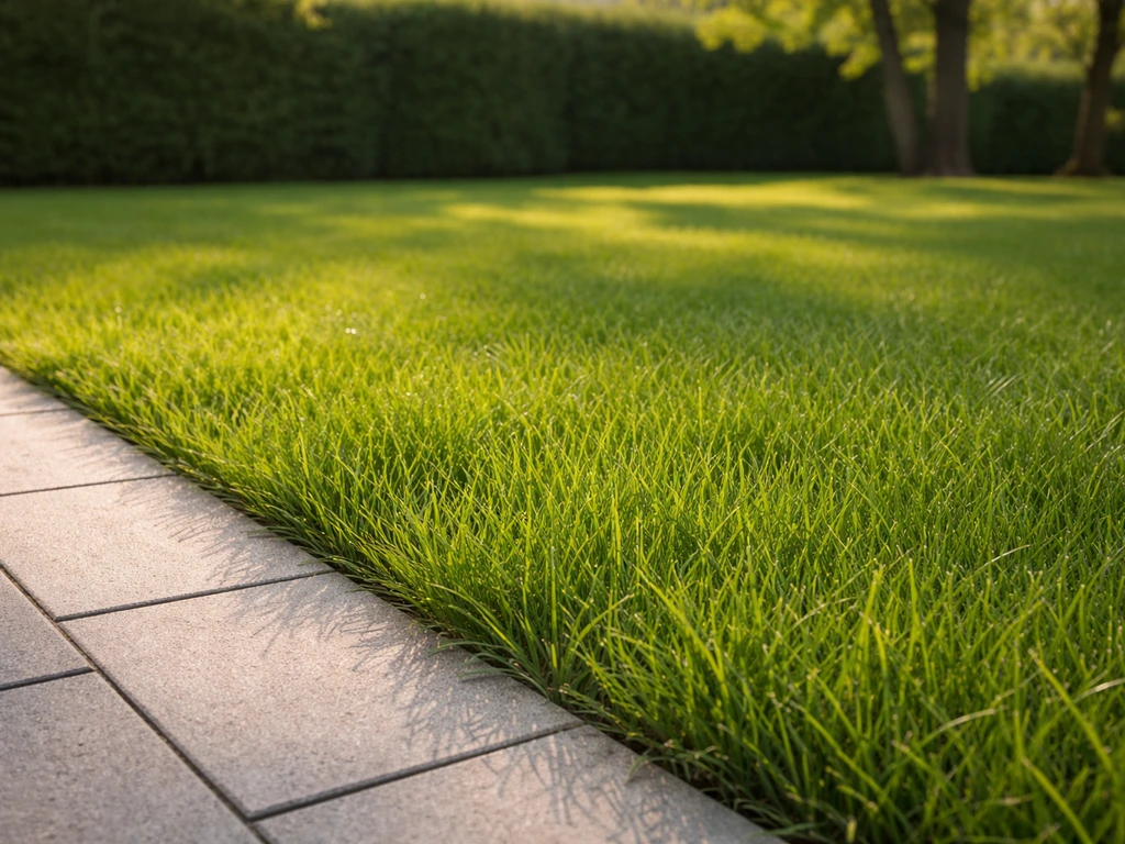 Groene grasstrook in een voortuin naast bestrating, met zonlicht dat veerkrachtige sprieten laat zien.