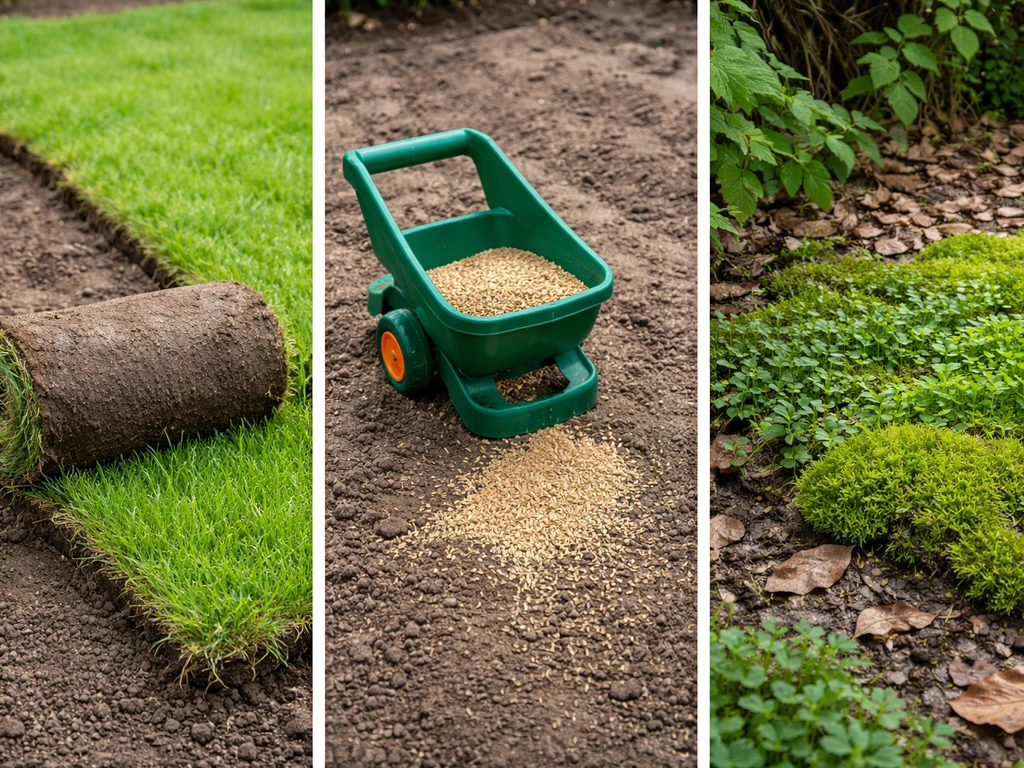 Mini-collage van drie tuinopties: graszoden, inzaaien met zaadstrooier en bodembedekking voor lastige plekken.
