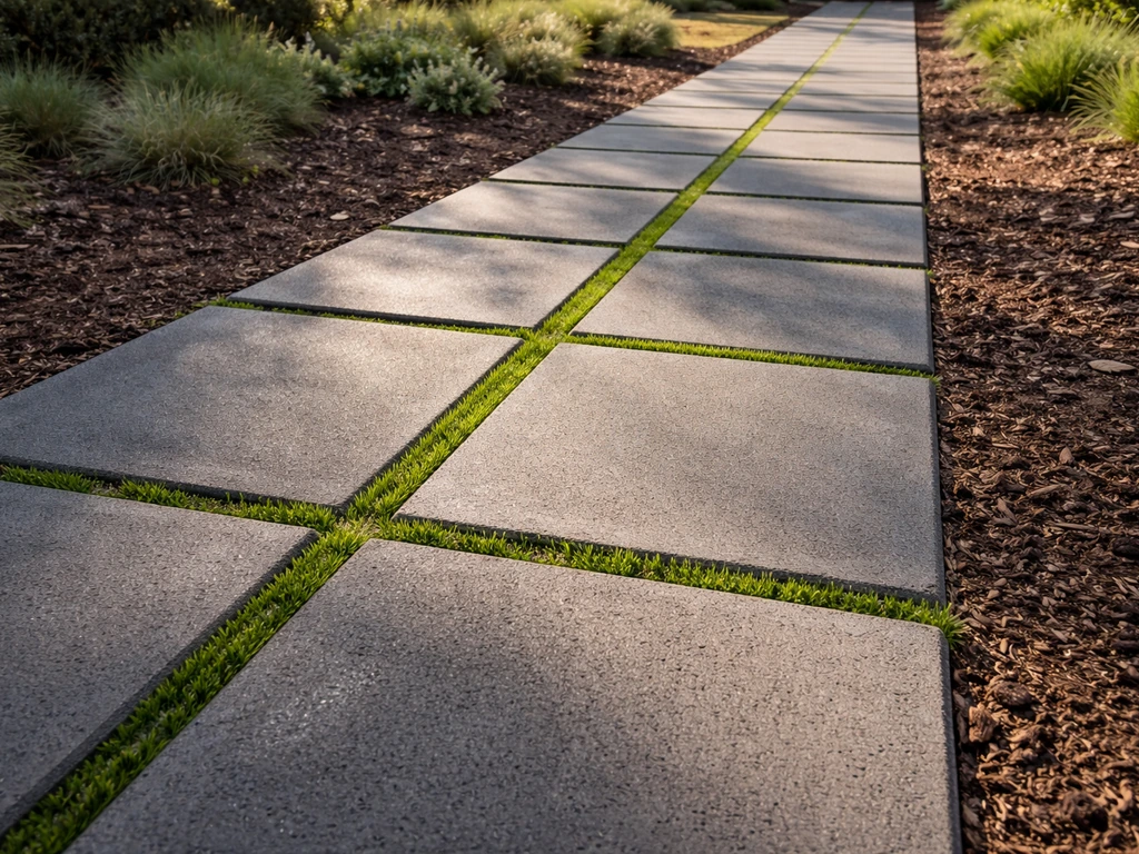 Tuinpad met tegels en brede grasvoegen, beton donkergrijs met groeiend groen gras ertussen, natuurlijk licht.