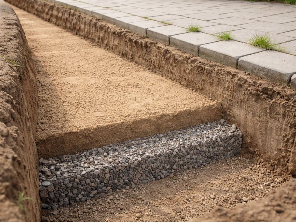 Uitgegraven fundering met afschot en granulaatlaag, met tegels en gras ertussen, zijdelingse diepte zichtbaar.
