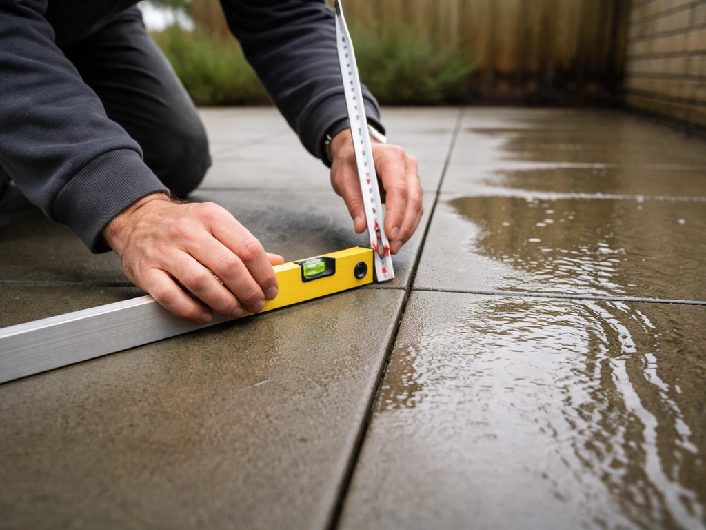 Monteur met waterpas en meetstok controleert afschot op een tegelpad; water loopt weg na regen.