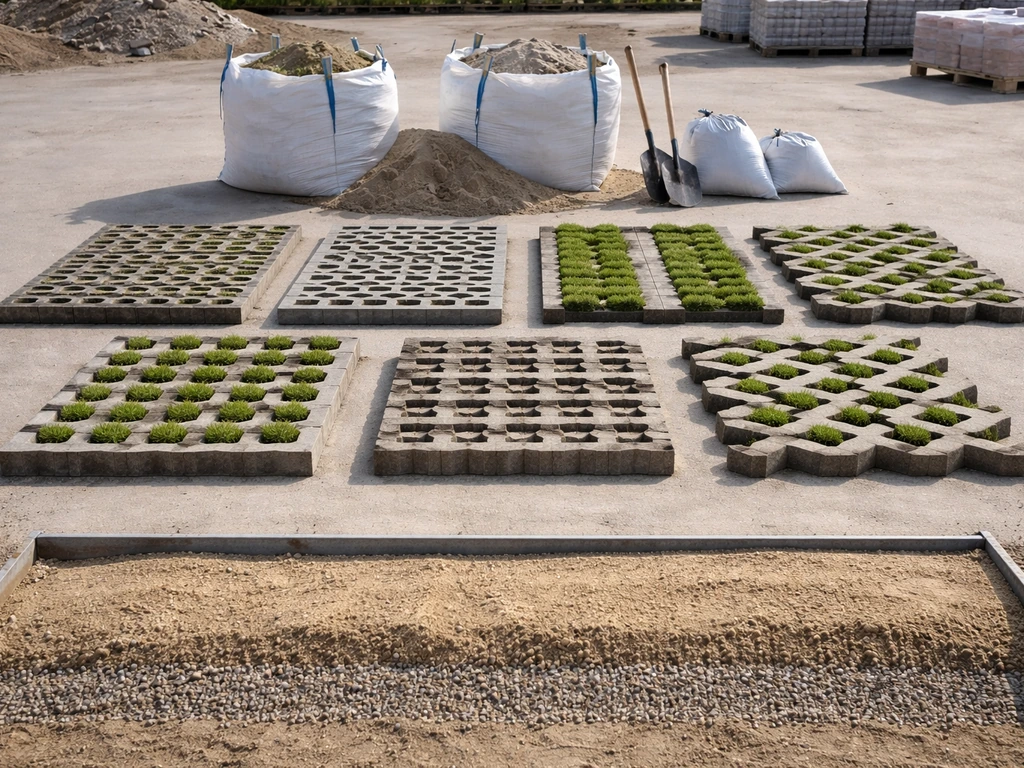 Buitenaanleg opstelling met zand, funderingslaag en verschillende grasbetontegeltypen naast elkaar
