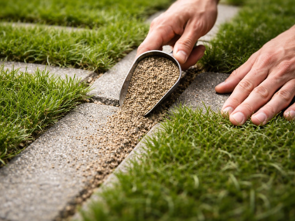Close-up van het vullen van grasvoegen met een korrelige grastegelmengsel zonder potgrond.