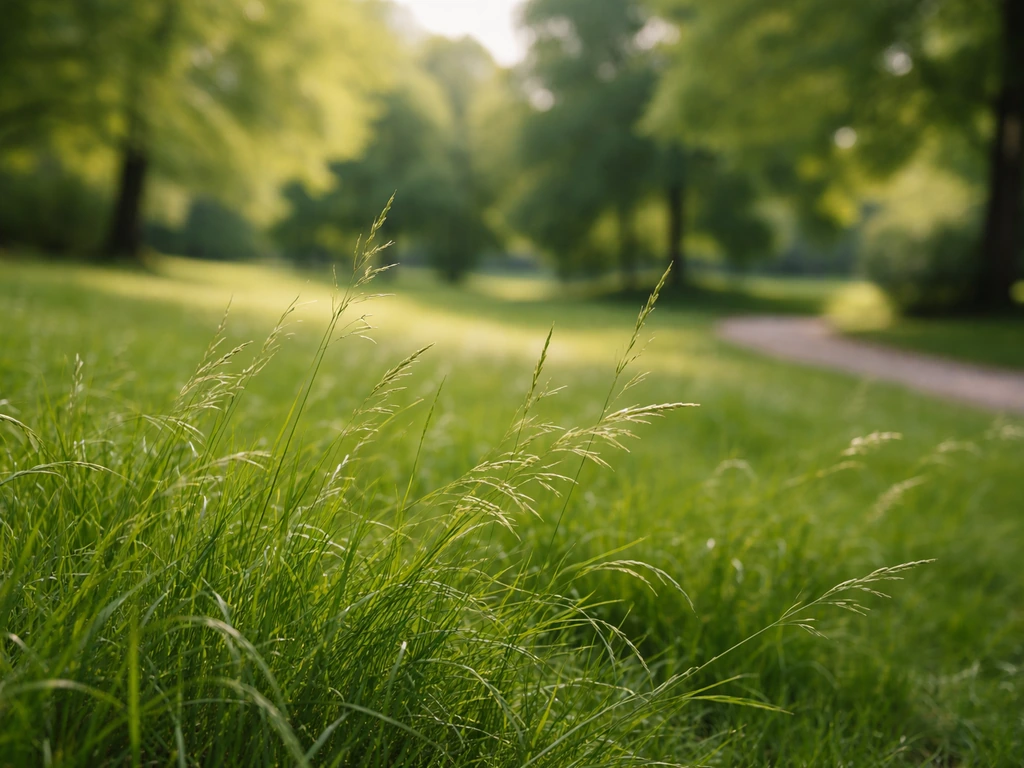 Close-up van gras met een vaag park op de achtergrond, sfeer van Groningen zonder mensen of tekst.