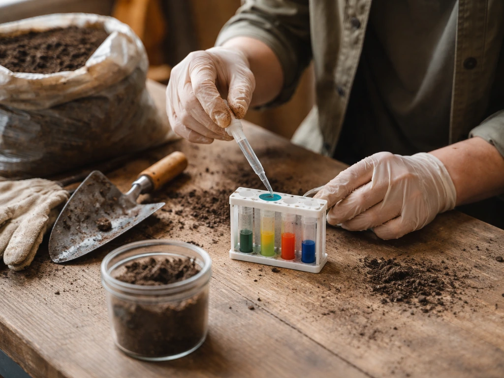 Anonieme handen met grondmonster en pH-testkit op een werkbank, met materialen voor gazonbodemverbetering.
