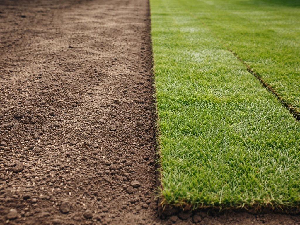 Twee naast elkaar liggende grasstroken: deels ingezaaid met zaad en deels met verse graszoden.