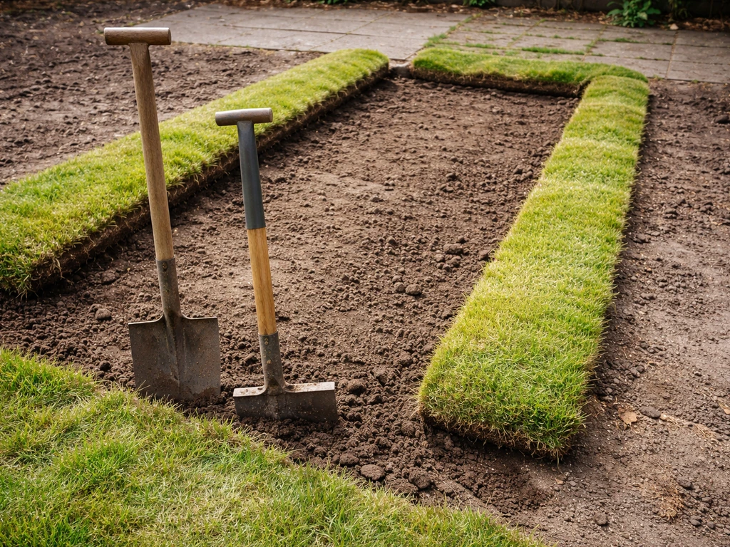 Nette grasstrook met afgegraven zoden klaar om gras uit tuin te halen, met spade/graszodensteker in de tuin.