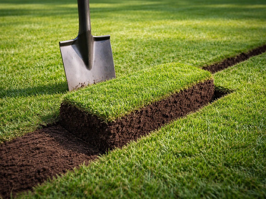 Close-up van spade/graszodensteker die een rechte strook snijdt en een graszode omhoog tilt in de tuin.