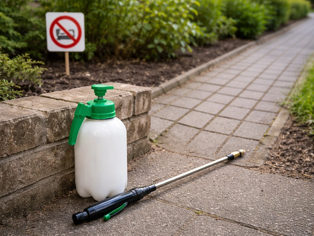 Lege spuitlans en herbicidebus bij een tuinpad met waarschuwingscontext: niet op verhardingen, wel tuin.