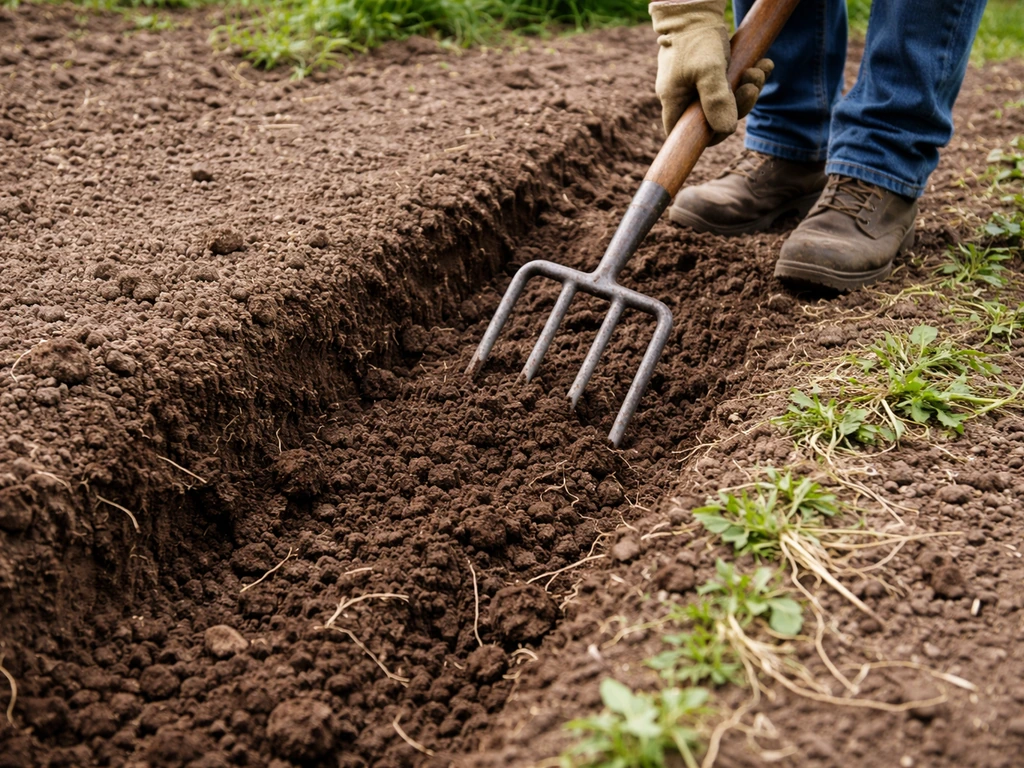Handen met spitvork maken tuinbodem los, met zichtbare wortelresten langs de opengewerkte strook