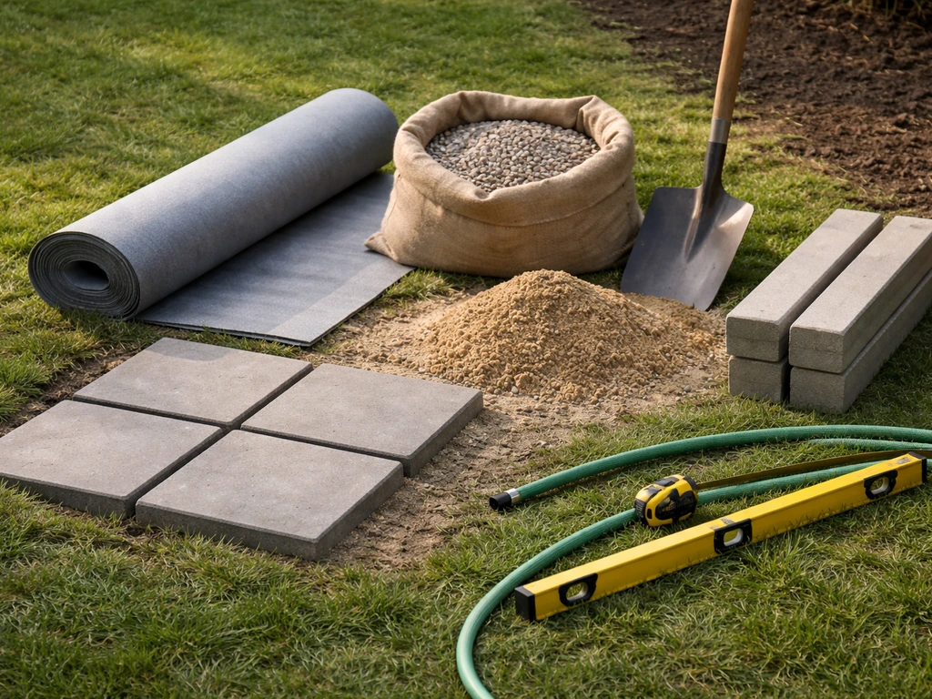 Overzichtsfoto van materialen en gereedschap voor een tegelpad: tegels, wegendoek, zand, waterpas en rolmaat.