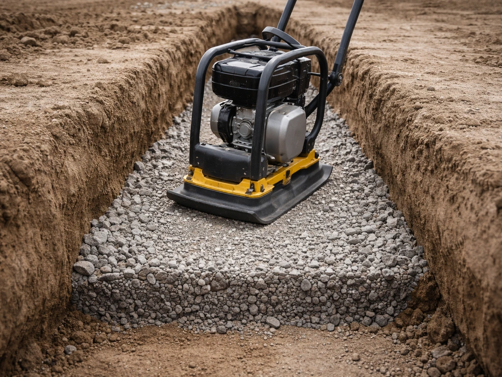 Trilplaat verdicht steenpuin in een smalle sleuf met zichtbare laagopbouw op de bouwplaatsbodem.