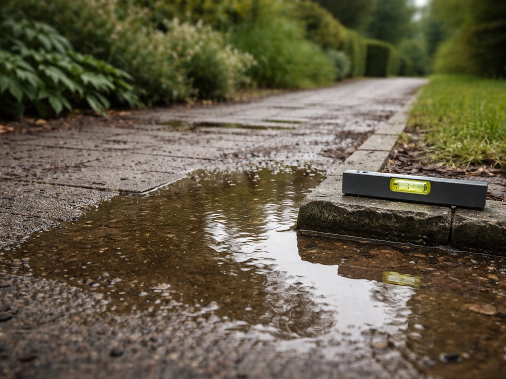 Plasvorming op een buitenpad na regen, met een waterpas die slechte afwatering/helling laat zien.