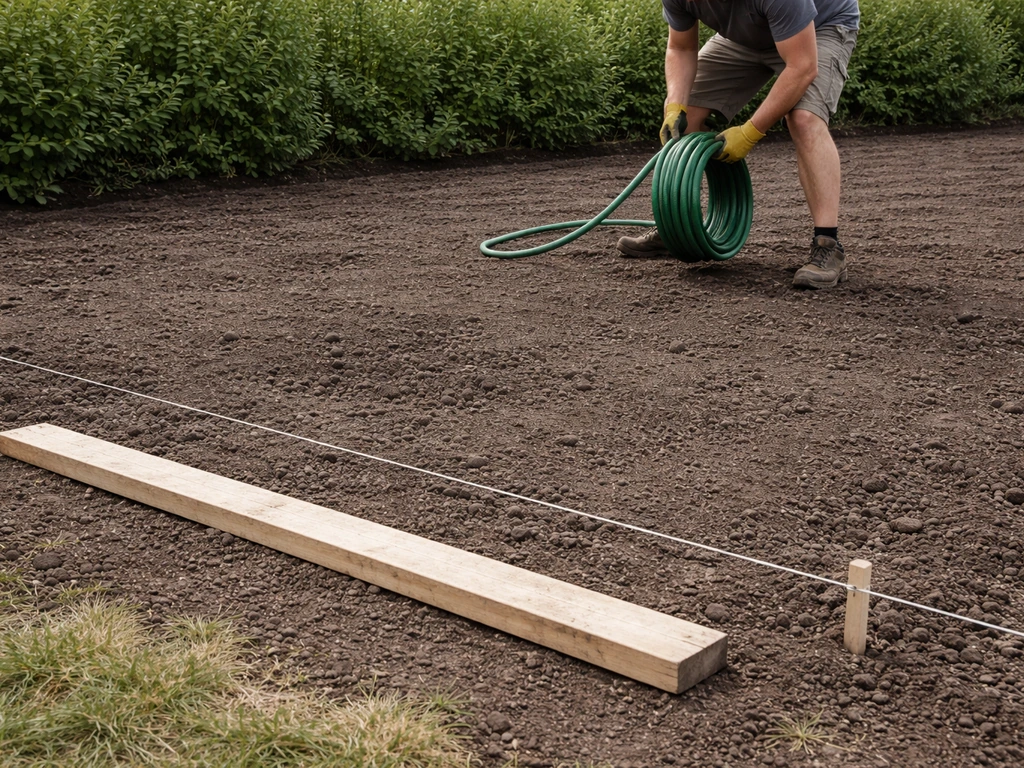 Werkende persoon rolt een tuinslang uit op voorbereide grond voor een nieuw gazon, gereedschap klaar.
